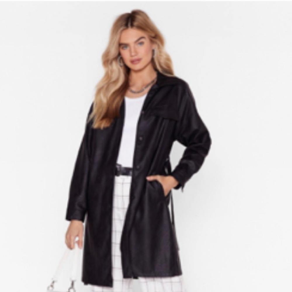 Faux Leather Longline Belted Jacket